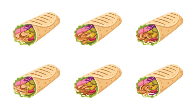 Six Delicious Shawarma Wraps Arranged in a Grid Pattern, Vector Illustration