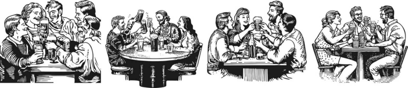 Lively Vintage Gathering Around Tables with Drinks and Conversations, Logo Design, Hand drawing Engraving, Vector Illustration Isolated Object