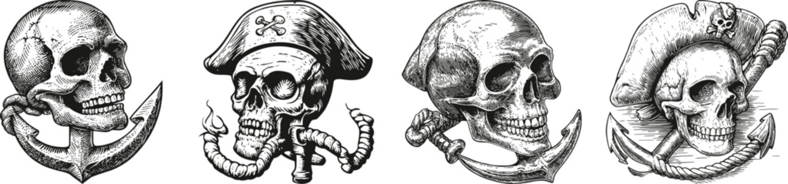 Detailed Pirate Skull Illustrations with Nautical Elements Art, vector illustration, engraving design, logo design set, black and white line, template design element