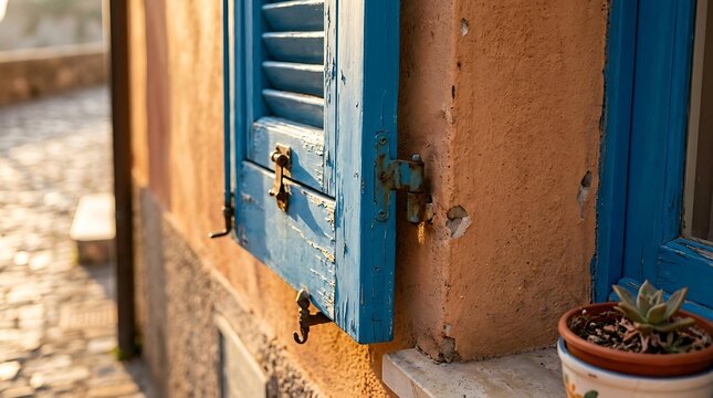 Rustic vintage blue shutter on a weathered orange stucco wall in a Mediterranean village, featuring a weathered blue shutter with peeling paint and a small succulent pot by the blue shutter.