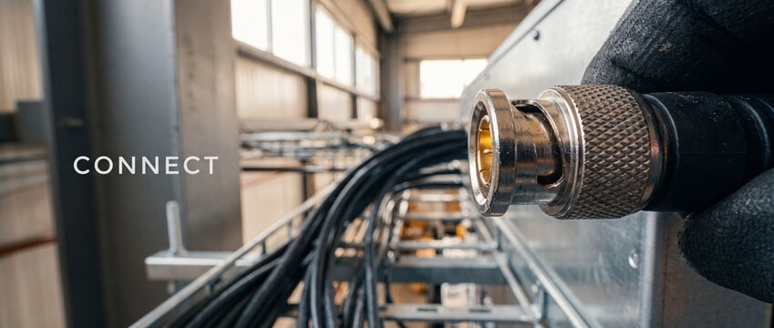 Coaxial cable connector plug installation in server room datacenter for high-speed network connectivity and industrial telecommunications setup, hand holding BNC jack.
