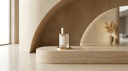Obraz premium Minimalist perfume bottle on marble pedestal with arched backdrop