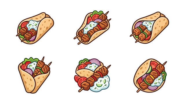 Pixel Art Gyros and Souvlaki Wraps with Skewers, Fresh Ingredients