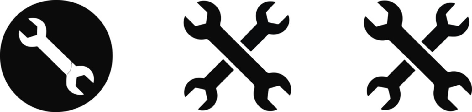 Wrench tool icon set solid and outline style spanner repair symbols isolated on white background for maintenance and UI design
