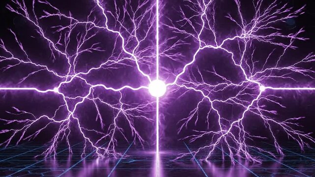 Purple electric lightning discharge over a dark digital grid.