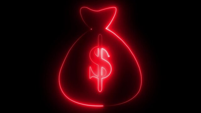 Dollar bag icon with neon dollar sign animation on black background. ant 4K video 
