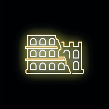 Colosseum icon illuminating the historic roman landmark with yellow neon light