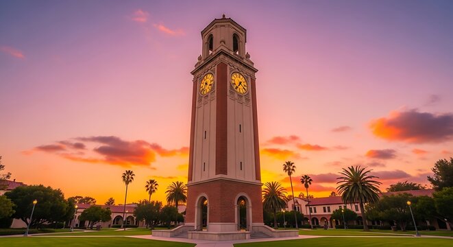Historic Clock Tower Standing on Palm Lined Campus at Colorful Sunset