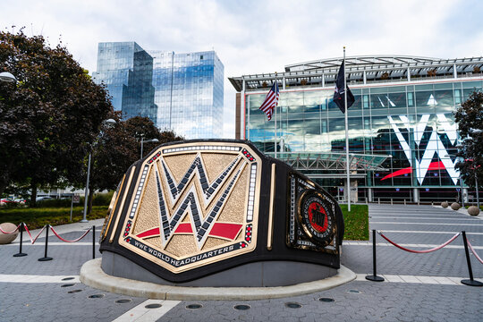 Miami, Florida, USA - October 22, 2025: WWE Universal Championship belt sculpture. WWE logo. Main headquarters in US. WWE World Wrestling Entertainment