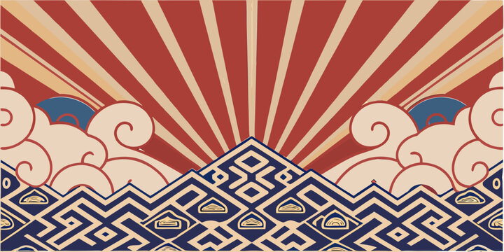 Japanese Wave Pattern With Sun Rays And Geometric Design Vector Illustration