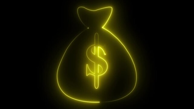 Dollar bag icon with neon dollar sign animation on black background. ant 4K video 