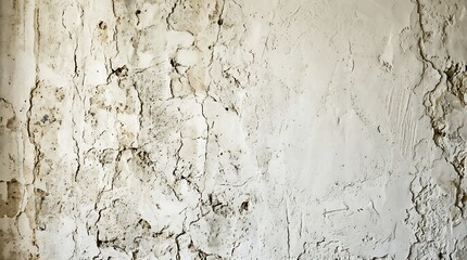 Obraz premium Weathered white plaster wall with deep cracks and rough texture
