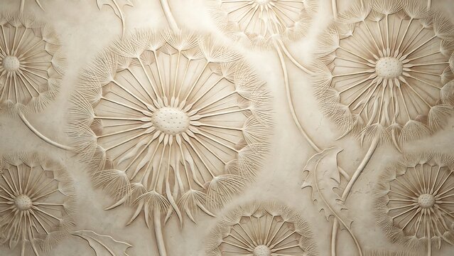 Elegant 3d basrelief wall art featuring intricate dandelion flower patterns