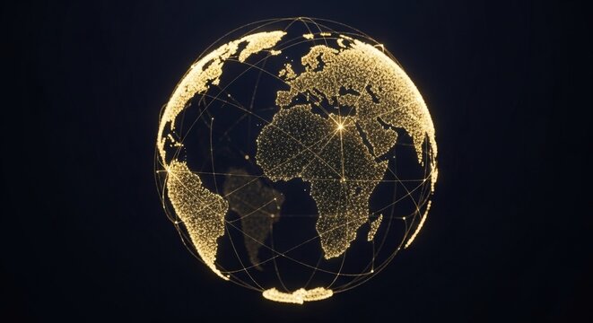 Golden Digital Globe on Dark Background Representing Global Network and World Connectivity