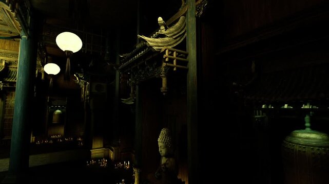 Ancient ritual chamber bathed in low lamp light, towering columns, intricate eaves and ornate carvings, deep shadow pockets creating mysterious mood