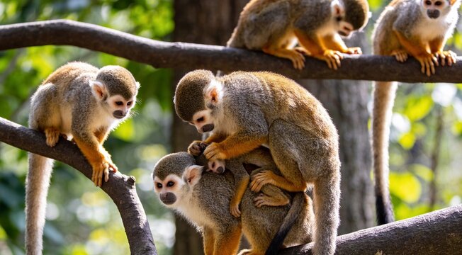 Cute Baby Squirrel Monkey Looking from a Tree Branch in Lush Green Jungle Forest Wildlife Portrait