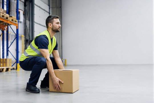 Warehouse Worker Demonstrating Proper Manual Lifting Technique with Copy Space