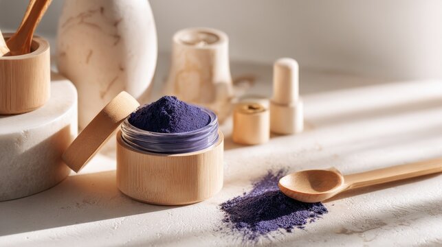 Natural purple powder in bamboo jar, healthy ingredients for wellness. Aesthetic arrangement of natural wellness ingredients, featuring jar of purple powder wooden utensils, bathed in soft sunlight