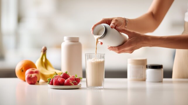 Woman pouring healthy protein shake into glass fresh fruits nearby. Woman prepares nutritious beverage by pouring creamy shake shaker bottle into glass surrounded by fresh strawberries bananas, orange