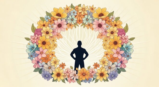 Silhouette Profile Surrounded by Circular Flower Frame Representing Inner Peace and Harmony