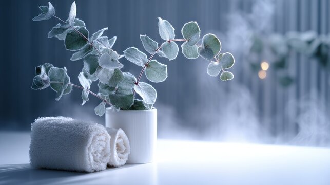 Frosted eucalyptus branch rolled towels steam for spa atmosphere. Serene spa scene featuring frosted eucalyptus branch in white pot beside neatly rolled white towels, gentle steam rising in background