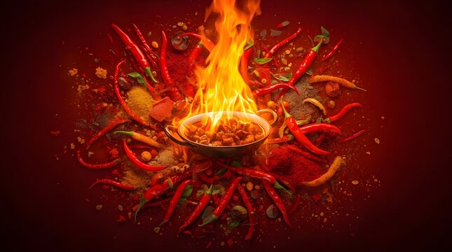 Sizzling Food in a Pan with Chili Peppers