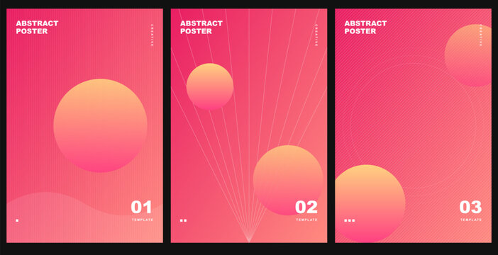 Set of three coral pink abstract poster templates with floating spheres and linear structural patterns abstract template geometric