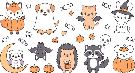 Fototapeta premium Cute Halloween Animals Vector Illustration Clipart Set with Kawaii Fox Dog Ghost and Witch Cat