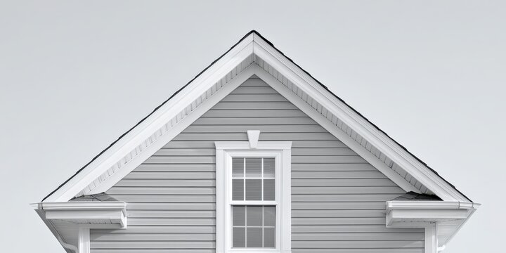 Gray roof with dormer windows against a bright blue sky. Exterior of triangular house section, steeply pitched roof peak. Gable Roof. Grey shingles. Vinyl siding wall and white fascia and soffit trim