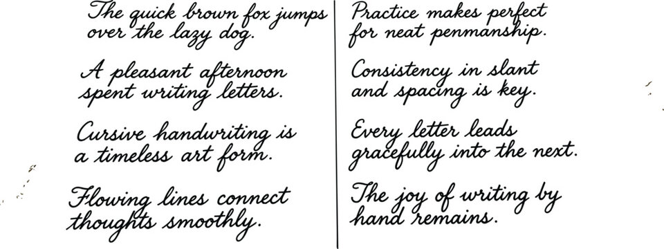 Cursive handwriting practice text sheets featuring calligraphic penmanship exercises with elegant script alphabet sentences font layout illustration,