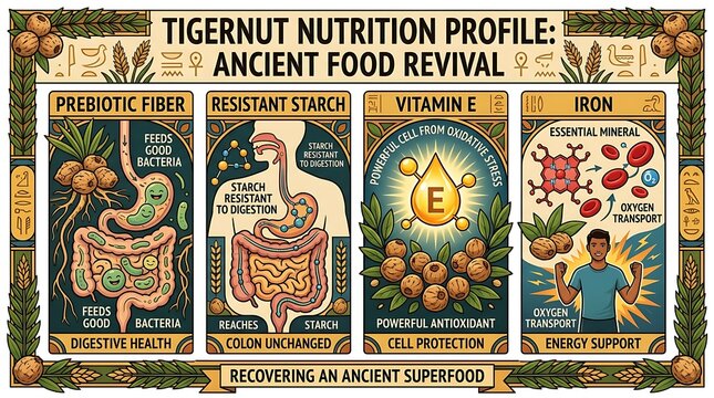 Tigernut nutrition profile infographic with health benefits