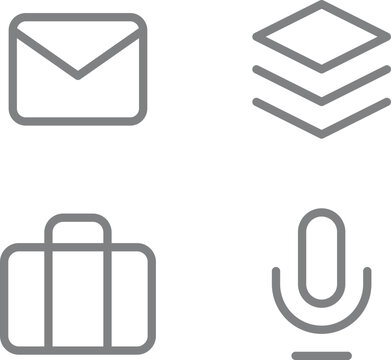 Essential Minimal UI Icon Set. Four Featuring Envelope Email, Stacked Layers, Business Briefcase and Microphone Voice Symbols. Clean Outline  Perfect for App Interface, Web Design, Corporate Branding 