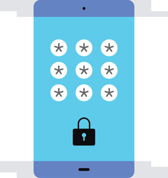 Smartphone PIN Code Lock Screen Flat Illustration. Nine Asterisk Password Keypad Grid, Padlock Icon. Mobile Security Authentication App UI, Cybersecurity, Privacy Protection, Digital Identity design