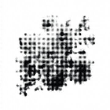 Abstract halftone dot pattern with grunge ink splatter texture. Black and white distressed stipple effect for modern graphic design, urban street art background, poster overlay and