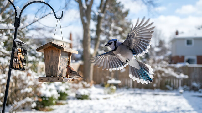 A striking blue jay in mid-flight approaches a wooden feeder in a snowy winter garden setting.