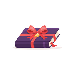 Dark purple book wrapped with a bright red ribbon and a golden star bow, festive gift concept on white background