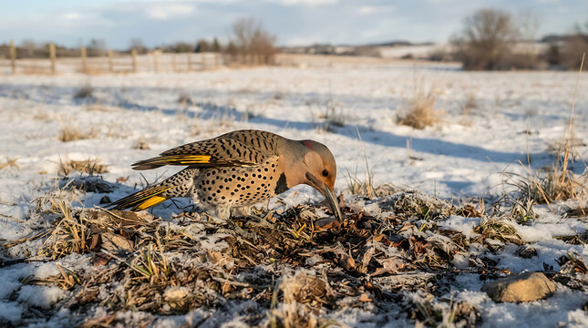 Northern Flicker Bird Foraging in a Frosty Winter Field