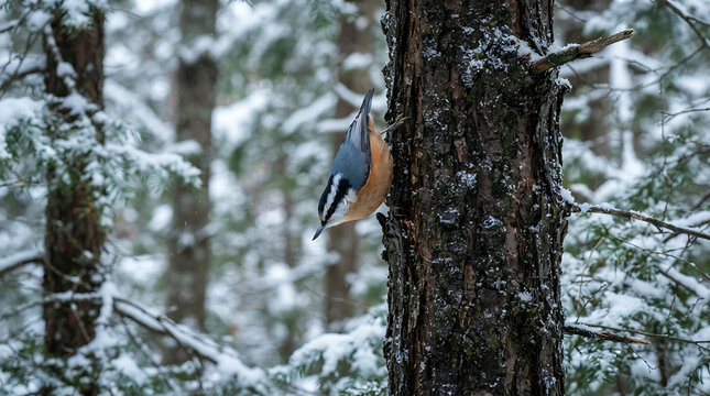 Red-breasted nuthatch ascends a snow-dusted cedar trunk in a winter forest, showcasing agile movement and seasonal beauty.