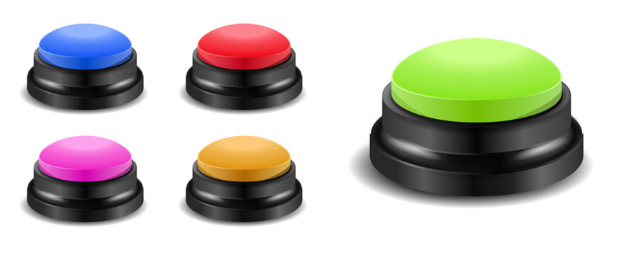 Set of realistic answer buzzers for trivia games in vector design, featuring colorful quiz game buttons isolated on transparent background for game shows, competitions, and interactive events.