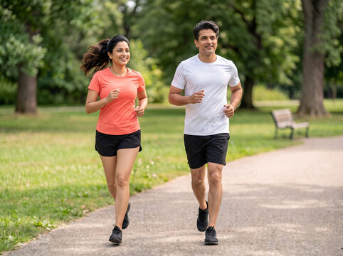 Attractive middle aged Indian couple jogging together in a green park representing fitness healthy lifestyle and active aging concepts