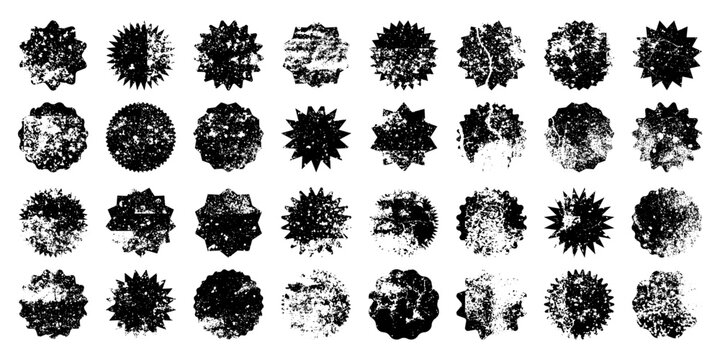 Grunge badges, distressed starburst labels, textured sale tags set. Collection of rough vintage shapes with ink splatter and scratched edges for stickers, branding and promotions. Vector illustration