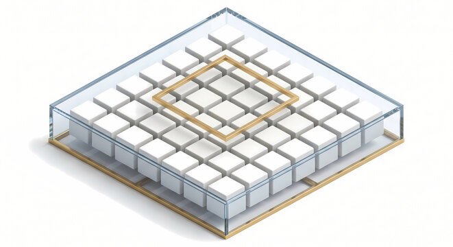 CNN Feature Map, 3D Isometric Convolutional Neural Network Pixel Grid with Sliding Gold Bounding Box.