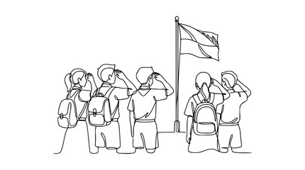 Obraz premium Children saluting flag on flagpole, school children with backpacks, patriotic education, one line drawing