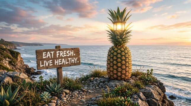 Surreal conceptual image of a pineapple acting as a lighthouse on a rocky coastal cliff at sunset with a wooden sign reading EAT FRESH LIVE HEALTHY overlooking the ocean waves.