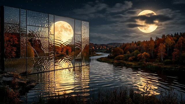 Fantastical Autumn Landscape at Night with a Full Moon, a Winding River, and a Modern Glass Structure Creating a Surreal, Distorted Reflection.