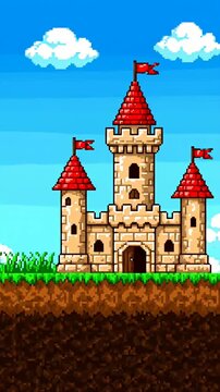 Pixel art medieval castle on grassy hill under blue sky.