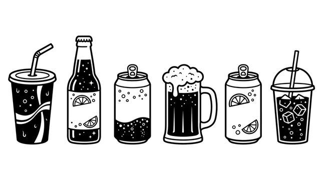 Premium monochrome flat vector icon set featuring six carbonated drinks: cola cup, lemon soda bottle, sparkling water can, root beer mug, orange soda can, and soda fountain drink