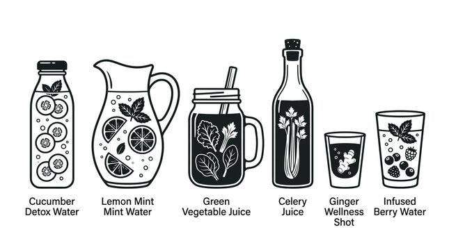 Premium monochrome flat vector icon set featuring six healthy drinks: cucumber detox water, lemon mint water, green vegetable juice, celery juice, ginger wellness shot, and infused berry water.
