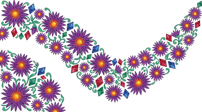 Decorative neckline embroidery pattern with purple aster flowers and colorful geometric crystal gems vector illustration element