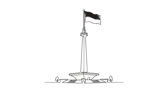 Monas Monument Jakarta Indonesia National Flag One Line Drawing